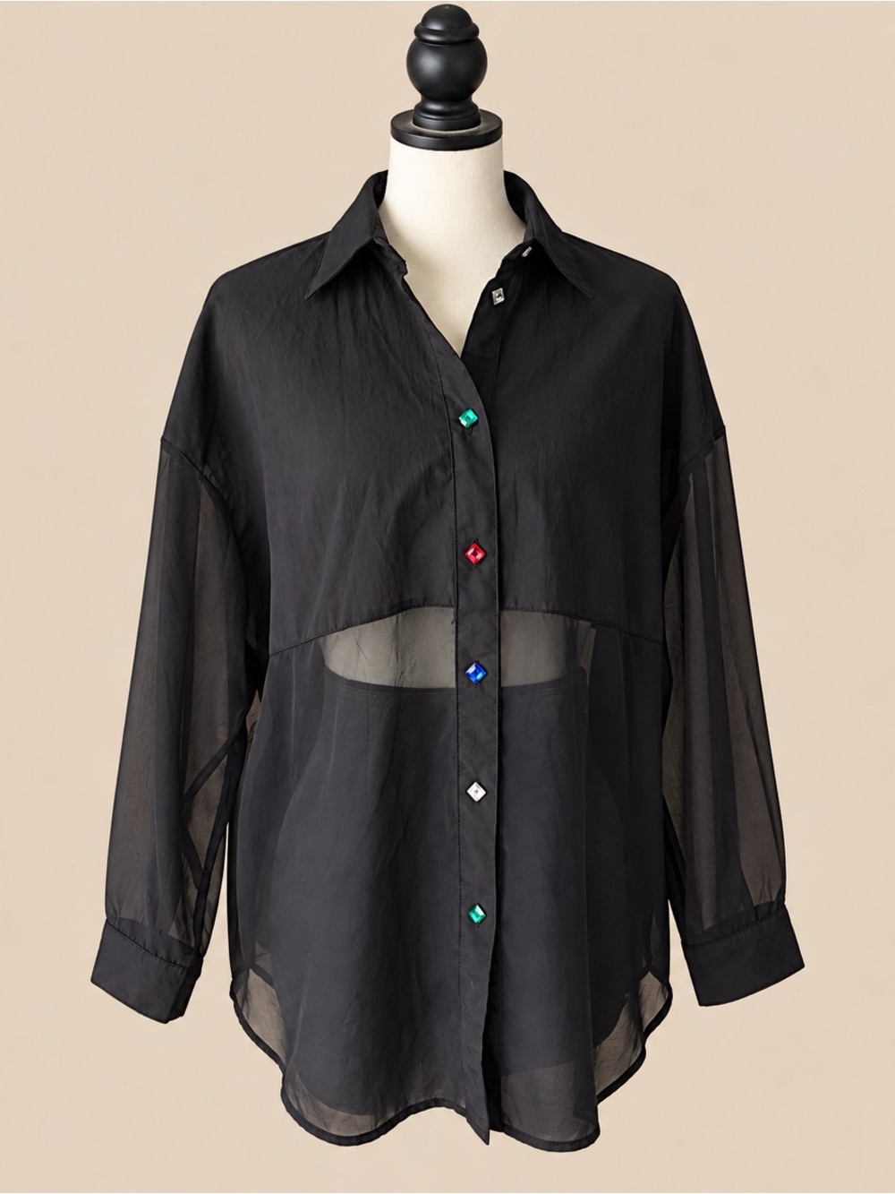 90s Vintage Whimsigoth Witchy Jewel Button Blouse Texture Blocked Sheer M/L